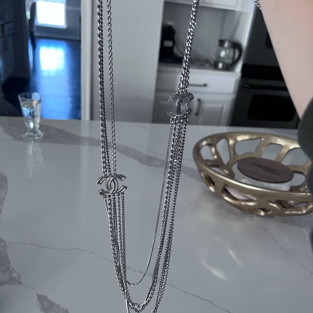 Authentic long Chanel necklace in silver